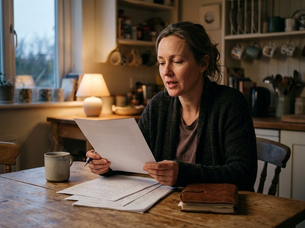 A writer at a kitchen table, reading a page of dialogue aloud in the evening light