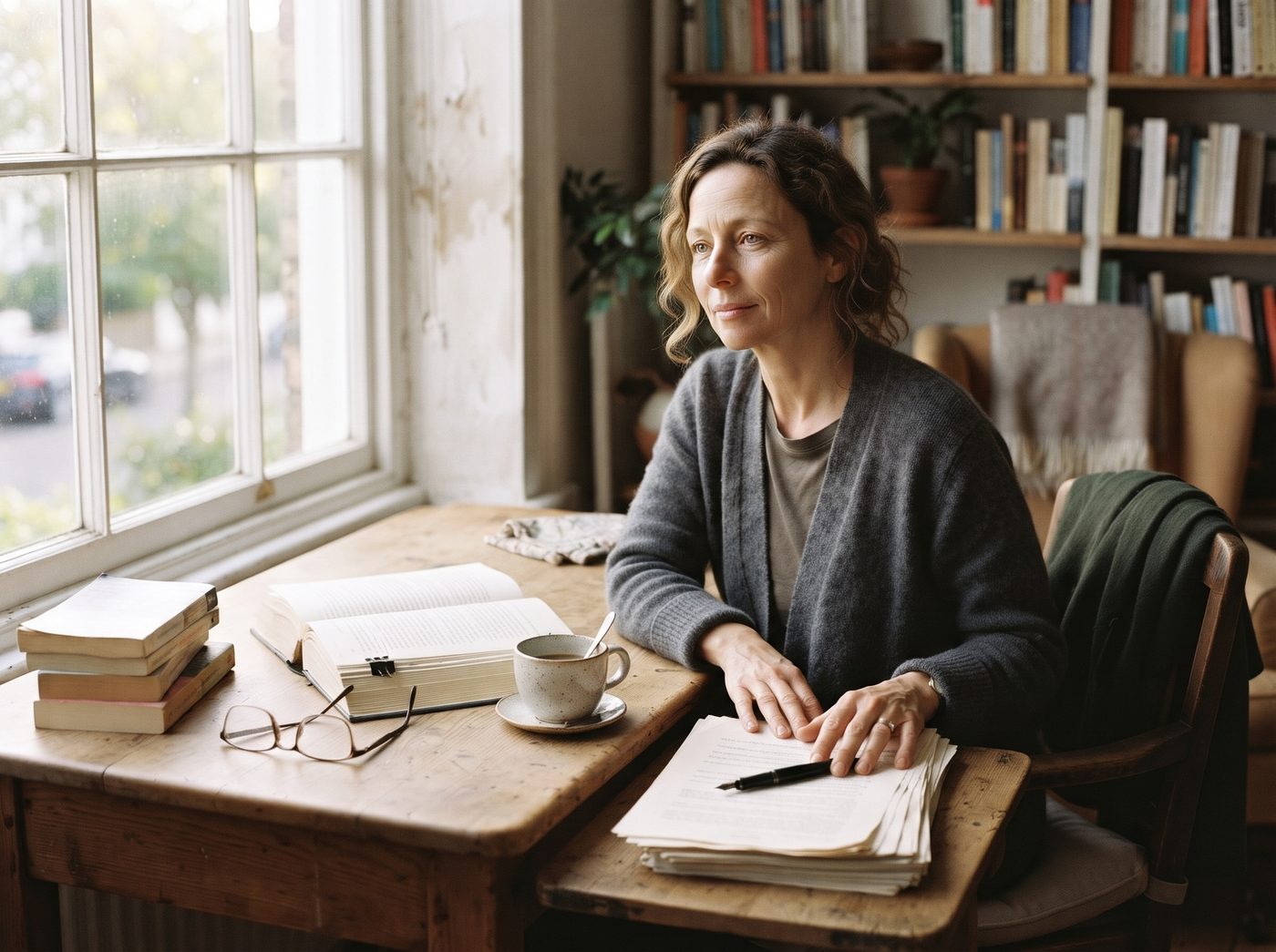 A writer's desk with printed manuscript pages set aside in a separate stack, late afternoon light