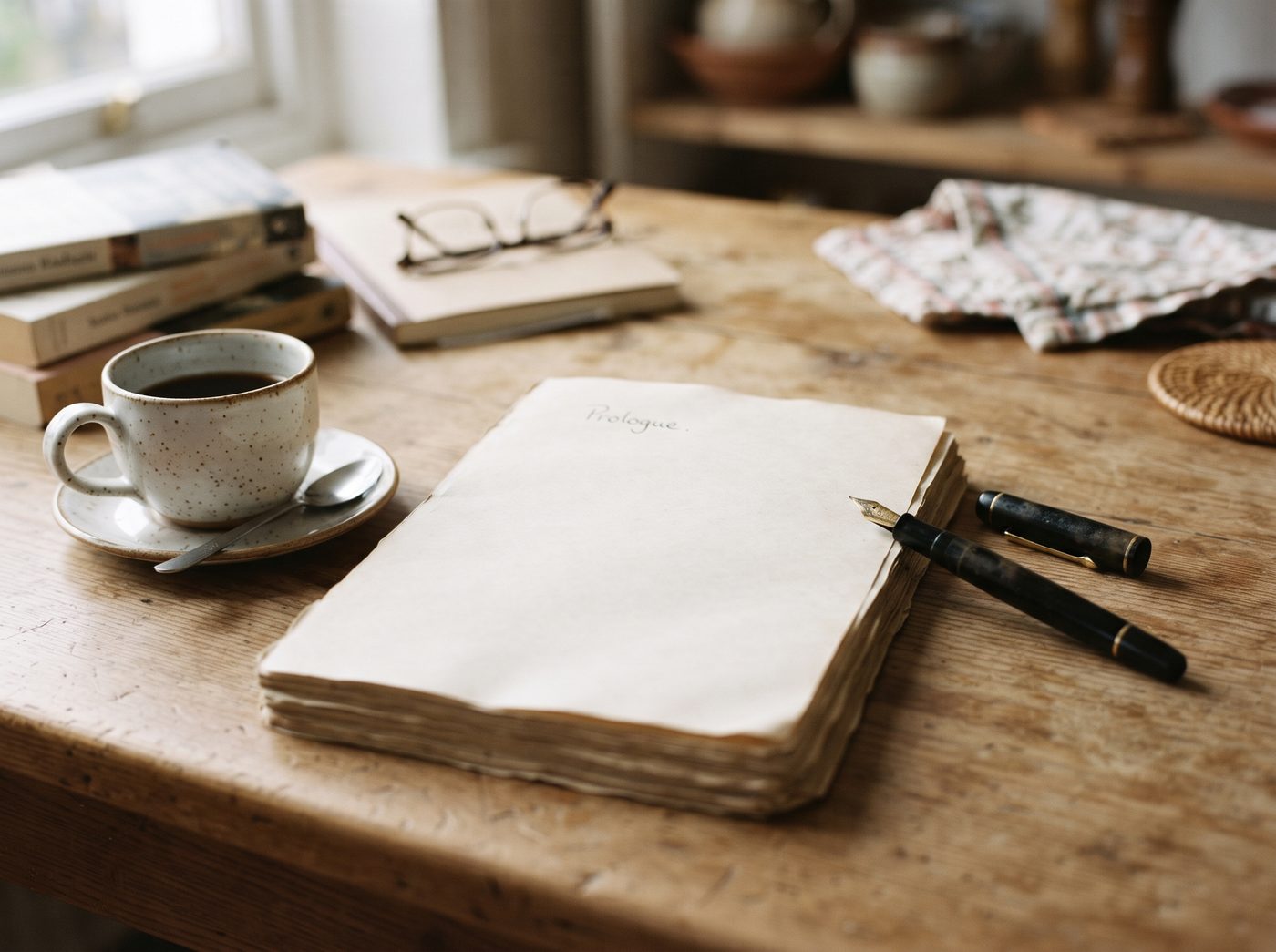 A finished manuscript resting on a kitchen table, its first page nearly blank, a fountain pen beside it