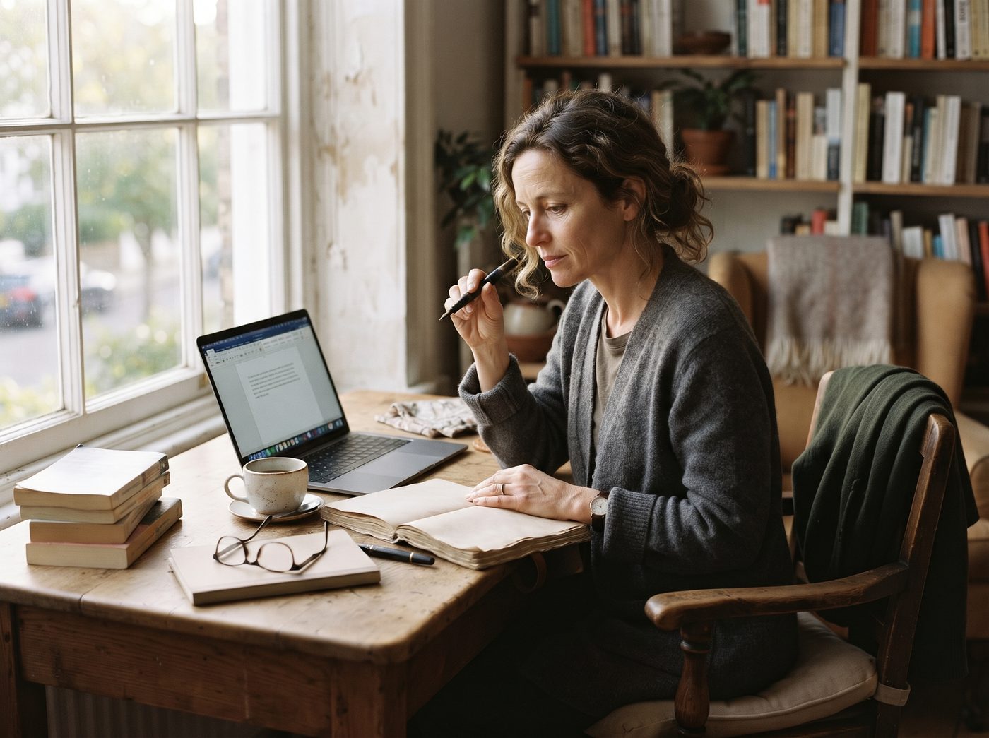 A writer at a desk by a window, notebook open beside a laptop, pausing with a pen in hand