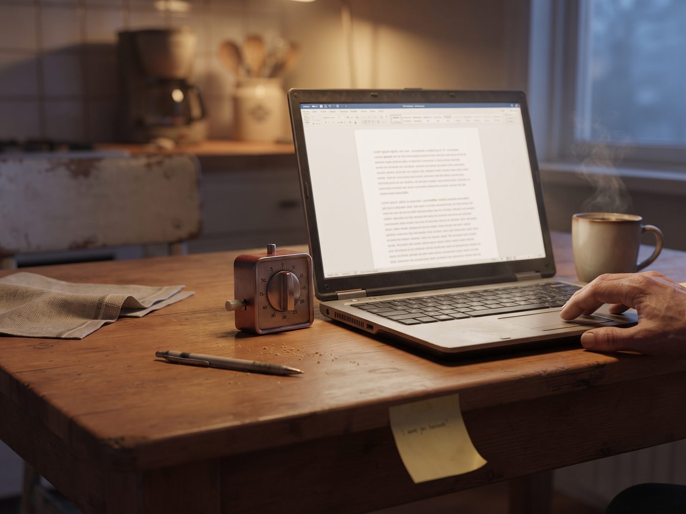 A kitchen timer next to an open laptop, in the last quiet minutes before the house wakes up.